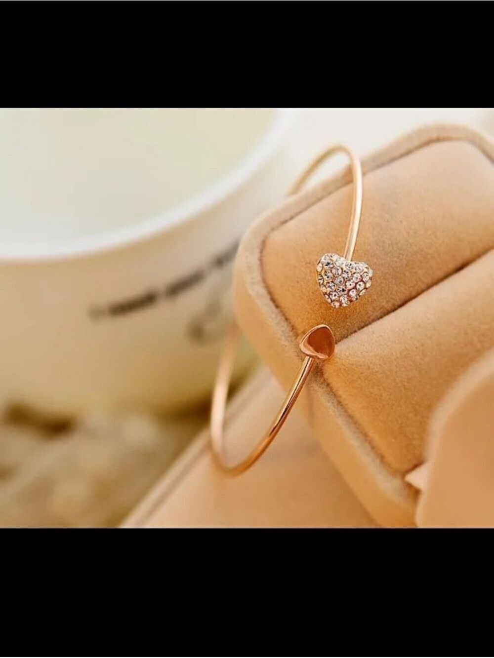 Rose Gold Alloy Heart Rhinestone Open Cuff Bangle Bracelet - Picture 2 of 12